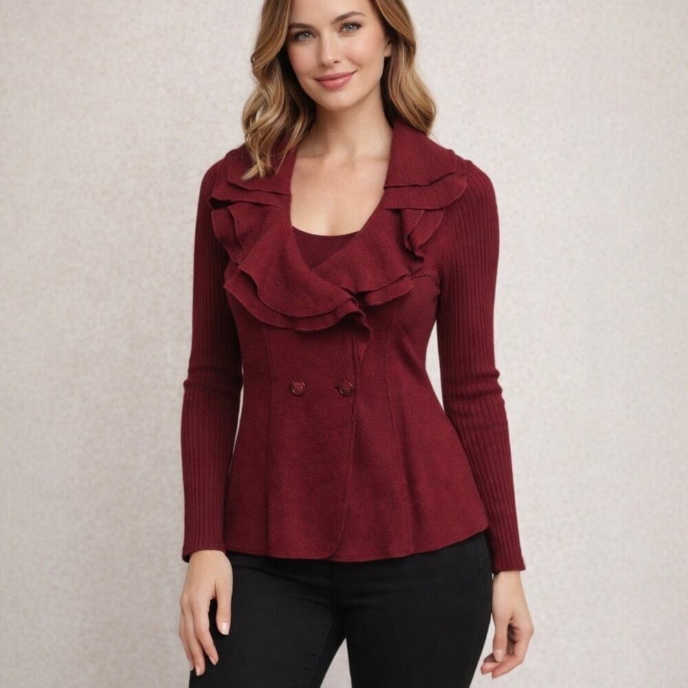 Elena Solano Burgundy Wool Ruffle Collar Cardigan Sweater Romantic Size Medium